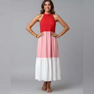 Colorblock Ruffle Hem Halter Neck Dress